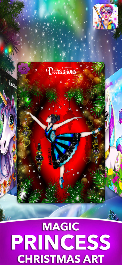 Digital coloring page of a princess ballerina with Christmas decorations and pine branches