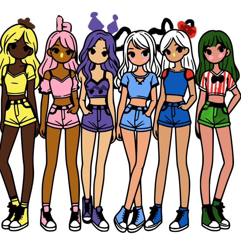 a group of girls wearing crop tops and shorts