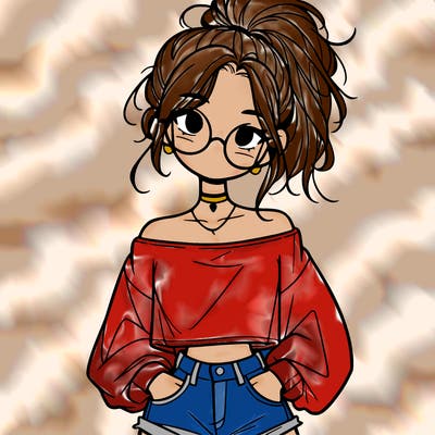 girl with a messy ponytail glasses a baggy crop top and jean shorts