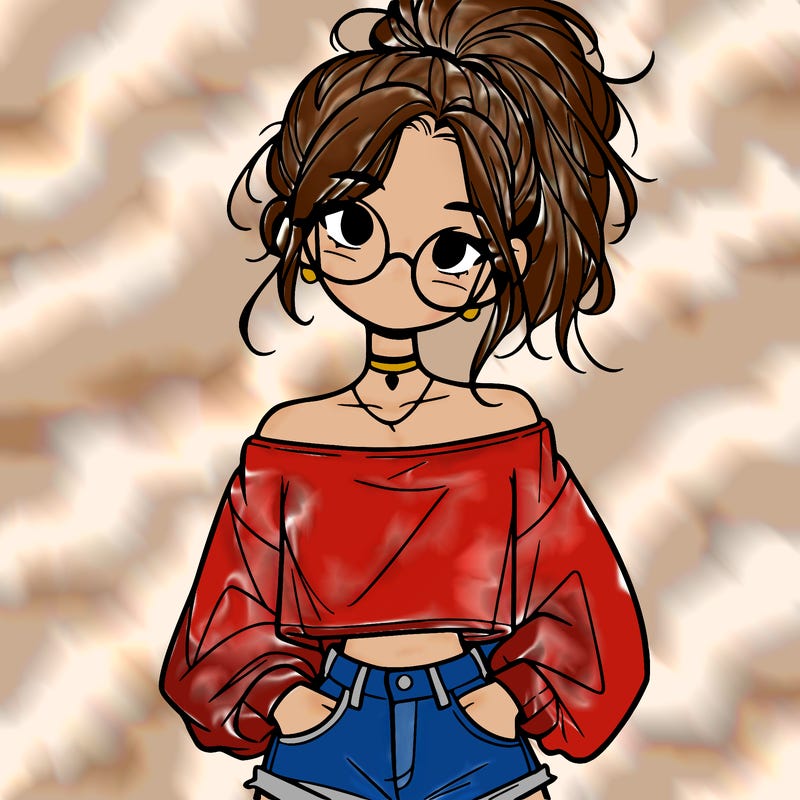 girl with a messy ponytail glasses a baggy crop top and jean shorts