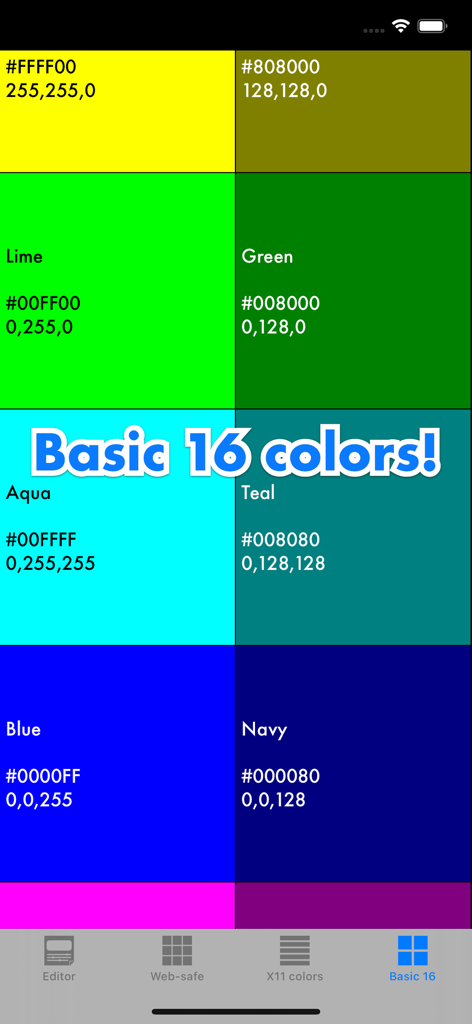 Grid of basic 16 colors with hex and RGB codes in the RGB checker app