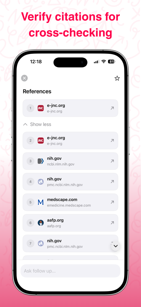 ProofMD - ProofMD app screen displaying a list of medical citations and references for clinical verification