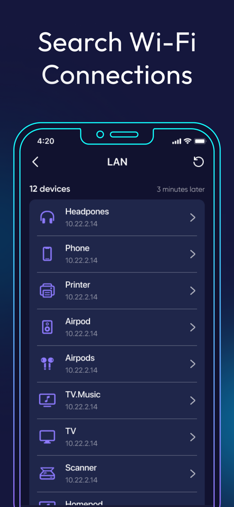 Una pantalla móvil que muestra la función de escáner LAN de la aplicación Speed Test y Wifi Analyzer listando dispositivos conectados como auriculares y una impresora.