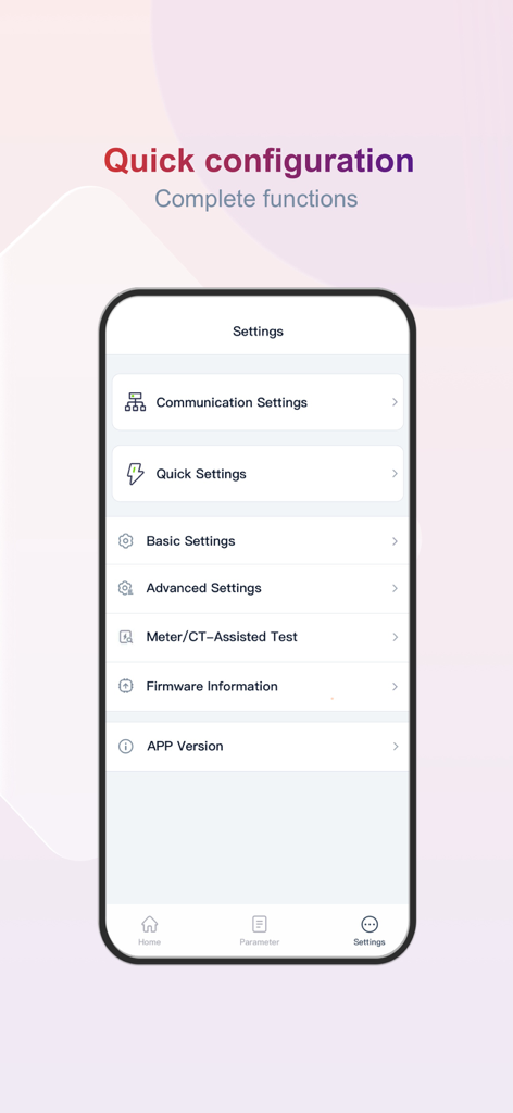 Einstellungen Bildschirm der SolarGo App mit Konfigurationsoptionen für Solarwechselrichter