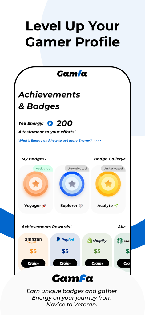 Interface de l'application GamFa affichant le profil du joueur, les succès, les badges et les récompenses sous forme de cartes cadeaux.