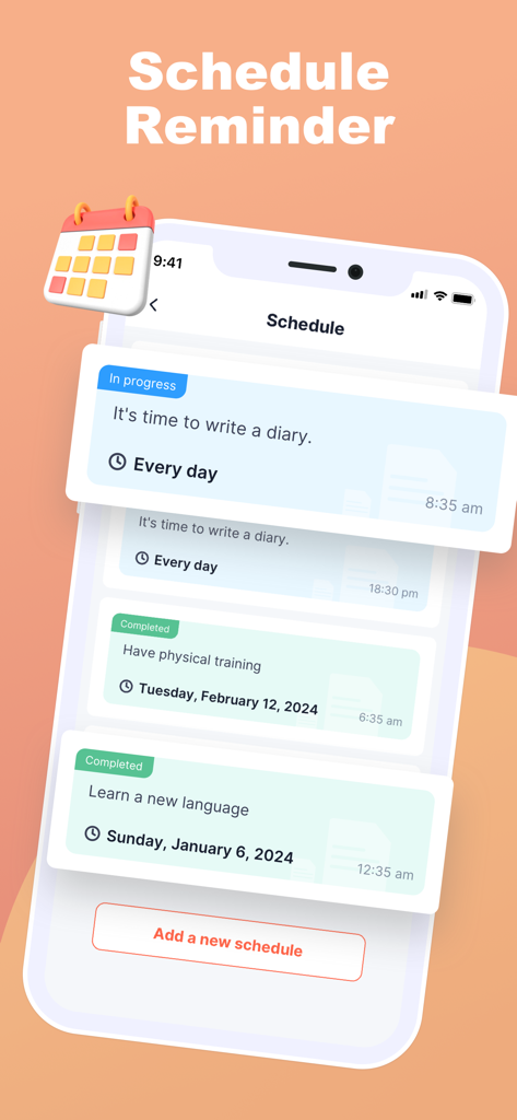 Echo Diary - Wallpaper & List - Pantalla de programación de Echo Diary que muestra recordatorios de tareas y seguimiento de hábitos diarios.