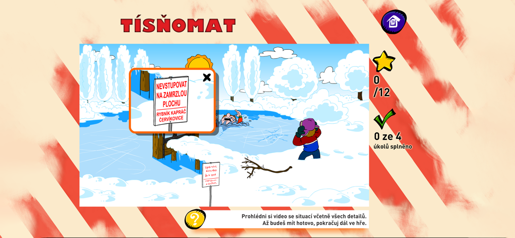 Tísňomat - nácvik volání - Una captura de pantalla de un juego educativo que muestra a una persona atrapada en un lago helado para enseñar a los niños sobre la respuesta a emergencias