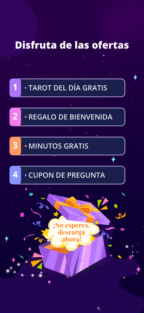 Salvia Tarot and Videncia app screen displaying promotional offers like free daily tarot and welcome gifts