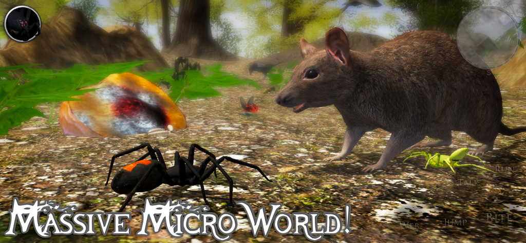 Ultimate Spider Simulator 2 - A black widow spider and a large rat on a forest floor in a macro scale simulation