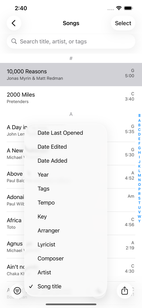 SongSheet Pro School Edition - Una interfaz de biblioteca de canciones que muestra una lista de pistas y un menú de clasificación con opciones como artista, tonalidad y tempo.