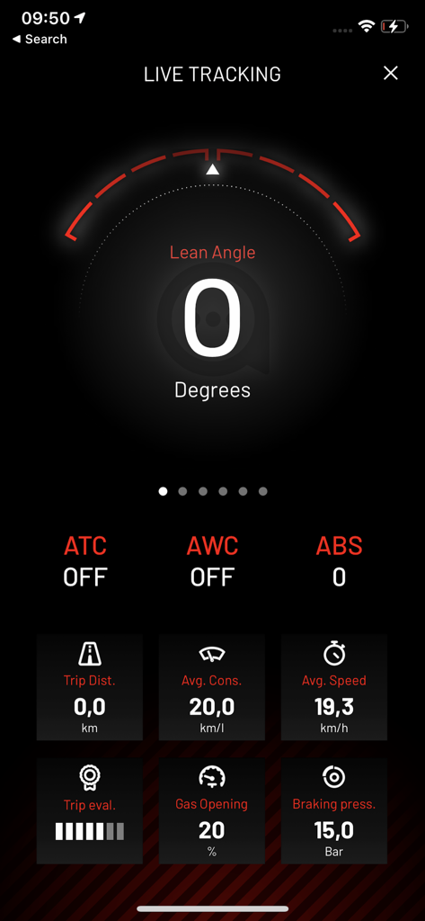 Interfaccia di tracciamento live dell'app Aprilia che mostra dati di telemetria della moto come angolo di piega e velocità media.