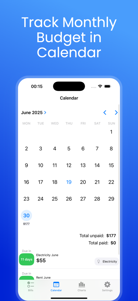 Monthly calendar view in the Bill Organizer app showing upcoming bills and budget totals