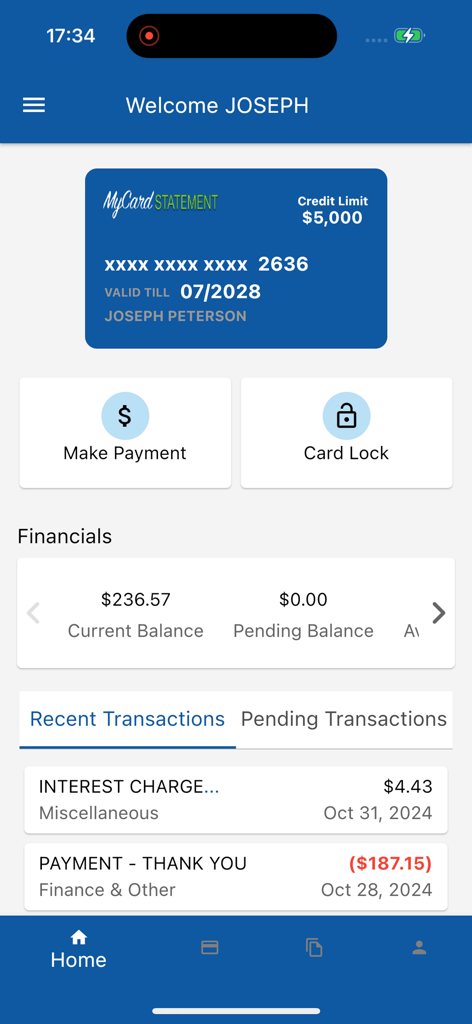 MyCardStatement app home screen displaying credit card details, current balance, and recent transactions.