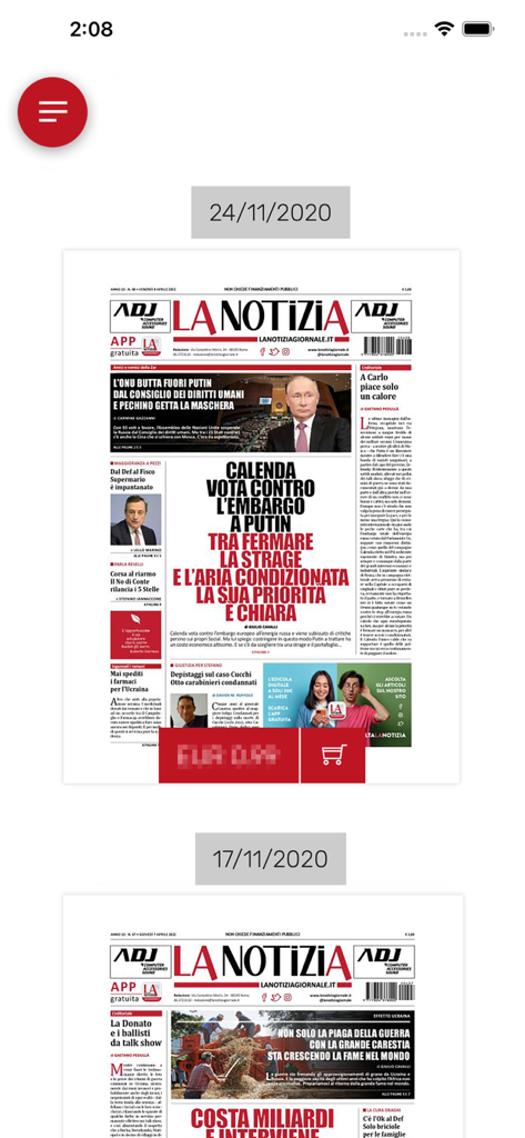 La Notizia Giornale - Interface do aplicativo La Notizia Giornale exibindo uma lista de edições arquivadas do jornal diário.