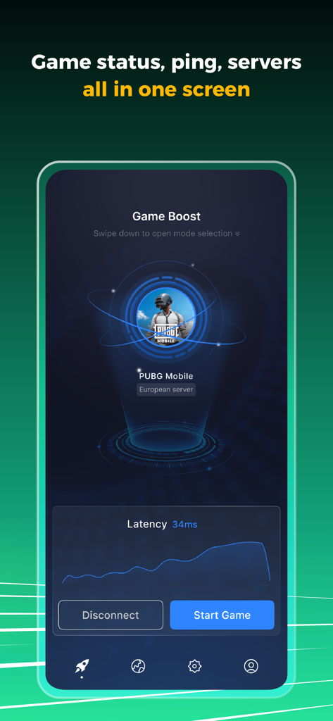 BOOST VPN app interface showing Game Boost feature with PUBG Mobile server status and 34ms latency graph