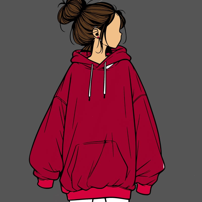 realistic girl with a oversized sweatshirt on and a bun