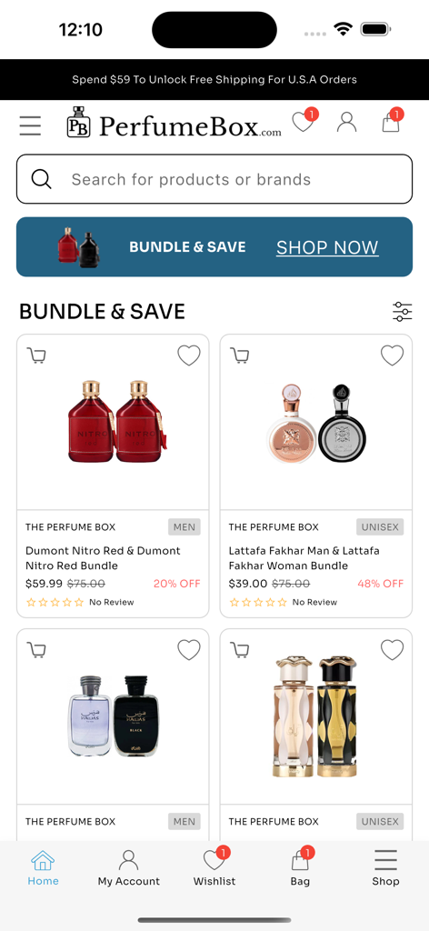 The PerfumeBox - Benutzeroberfläche der The PerfumeBox mobilen App, die Duft-Bundle-Angebote mit Rabatten auf Parfümsets zeigt.