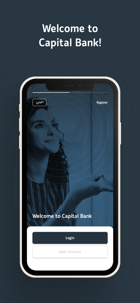 Capital Bank Mobile – Jordan - Pantalla de inicio de sesión de la aplicación Capital Bank Mobile Jordan en un smartphone