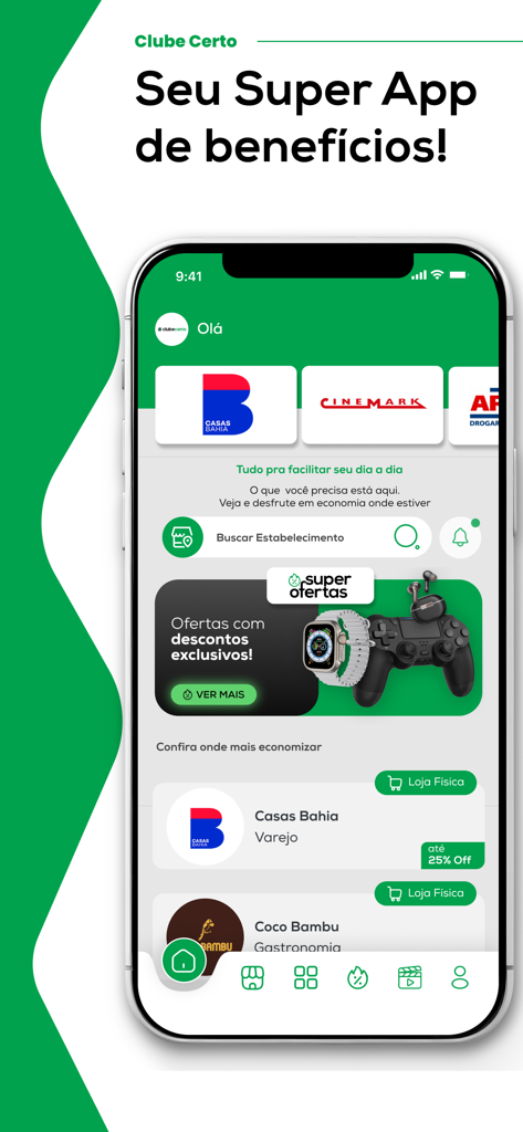 Clube Certo - Clube Certo mobile app home screen showing discount offers from brands like Casas Bahia and Cinemark.