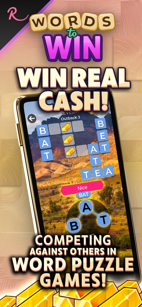 Words to Win mobile game interface featuring word puzzles and real cash rewards.