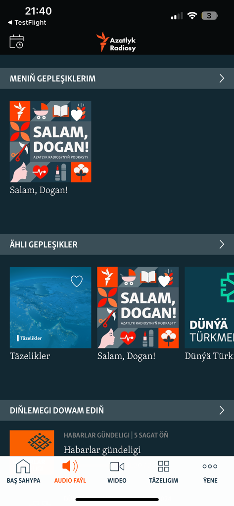 Azatlyk Radiosy - Azatlyk Radiosy mobile app home screen showing Turkmen language podcasts and news updates