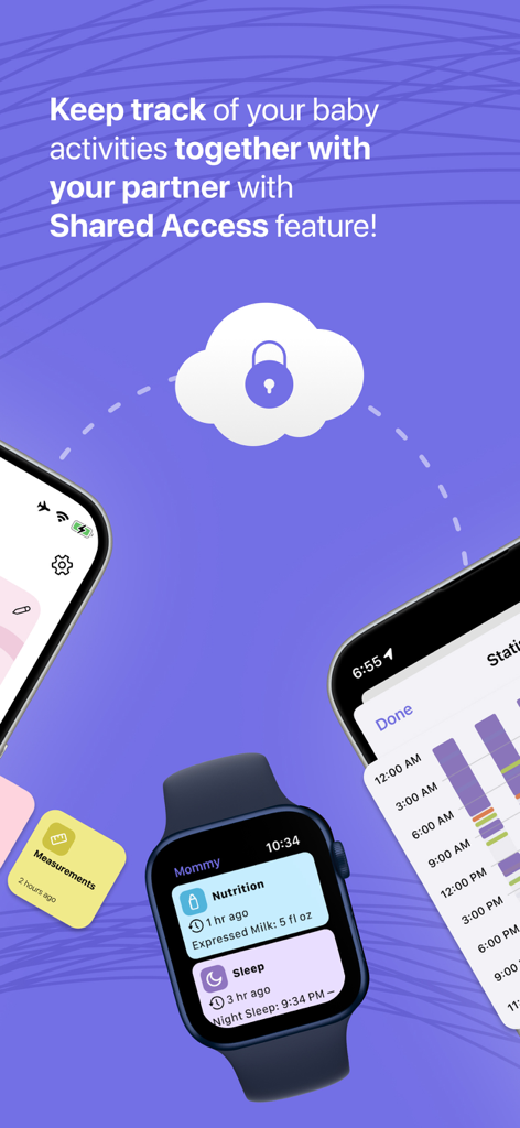 Mommy - Baby Tracker & Diary - Interfaz de la aplicación Mommy que muestra el seguimiento de actividad compartido en iPhone y Apple Watch con sincronización de iCloud