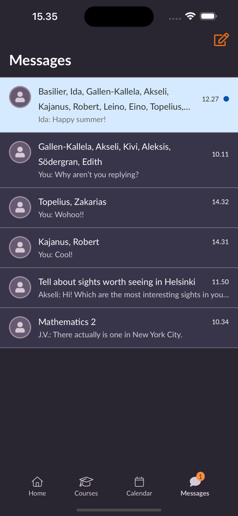 Captura de pantalla de la interfaz de mensajes en la nueva aplicación educativa itslearning que muestra una lista de conversaciones entre estudiantes y profesores.