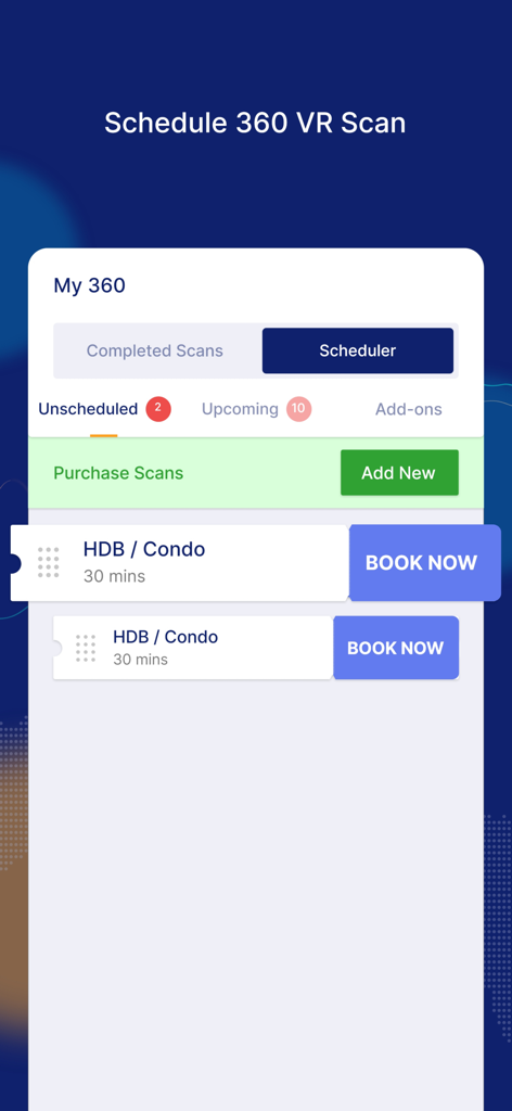 Interface do aplicativo RealAgent para agendar varreduras 360 VR para tours virtuais de imóveis
