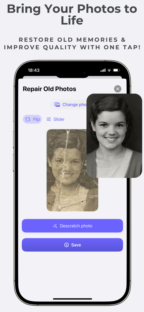 PhotoTool - AI Photo Enhancer - Interface of PhotoTool app showing a damaged vintage photo being restored by AI into a clear high definition portrait