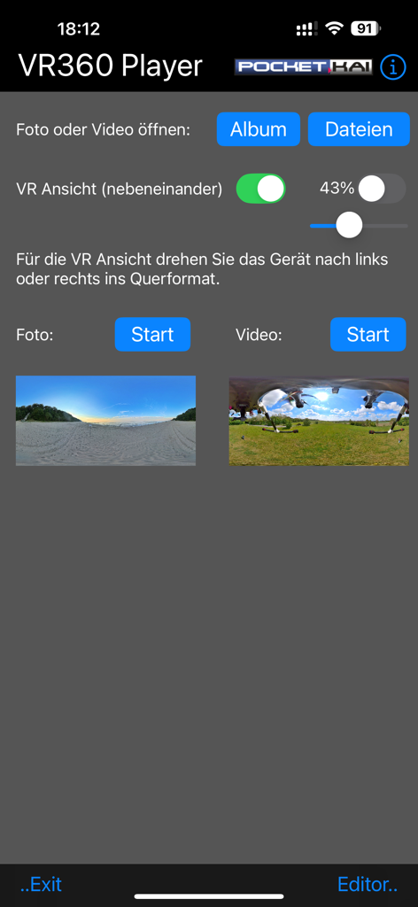 VR360 Player - Interfaz de la aplicación VR360 Player mostrando botones para abrir fotos y vídeos con un deslizador de ajuste de vista VR