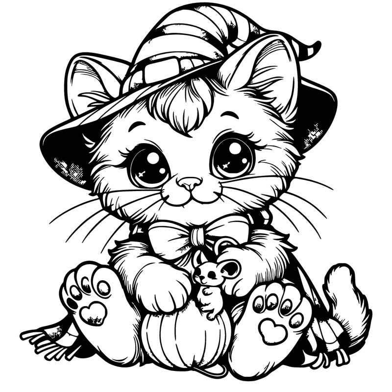 an adorable realistic kitty with a witch hat, socks on her paws, and a little mouse in her mouth