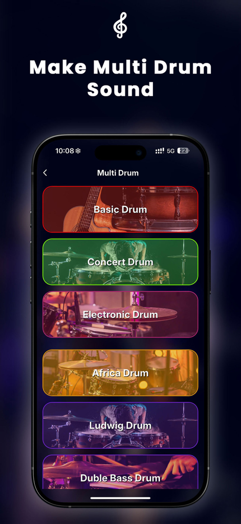 Drum Pads Electronic Drums - Mobile app interface showing a list of drum kit options including Basic Concert Electronic and Africa Drum
