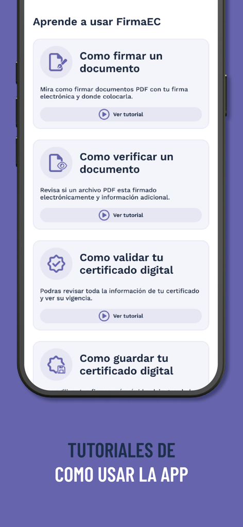 FirmaEC móvil - Pantalla de tutoriales de la aplicación FirmaEC movil mostrando opciones para firmar y verificar documentos