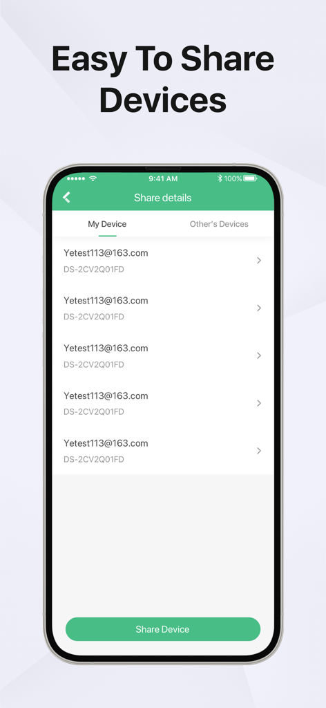Bildschirm der Guarding Vision App mit der einfach zu bedienenden Schnittstelle zum Teilen von Geräten mit einer Liste verbundener Sicherheitskameras und einer grünen Schaltfläche zum Teilen.