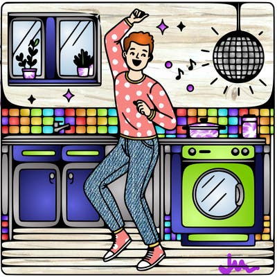 man dancing in the kitchen with a disco ball