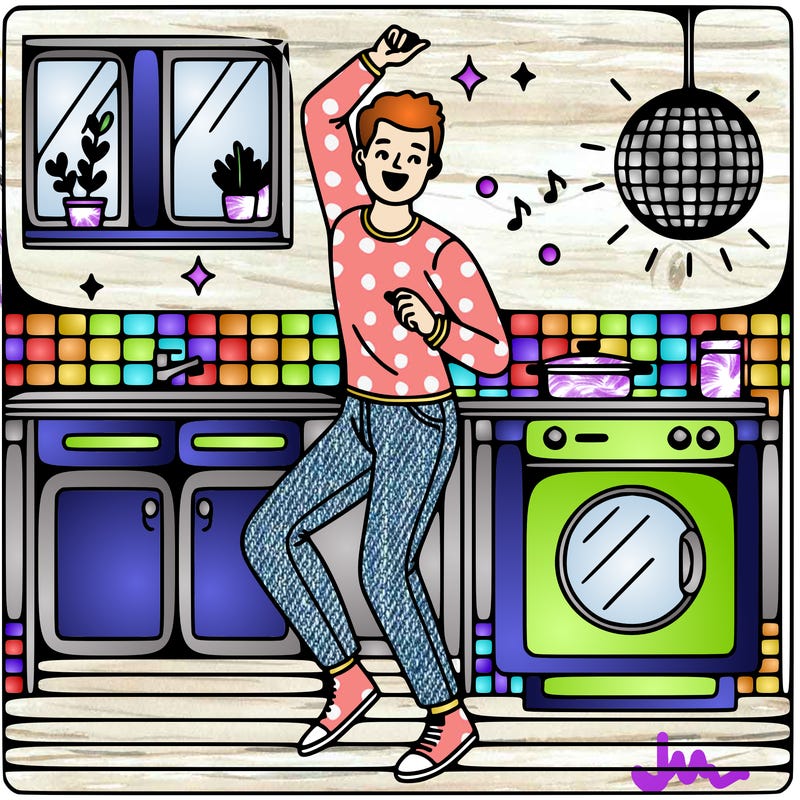 man dancing in the kitchen with a disco ball