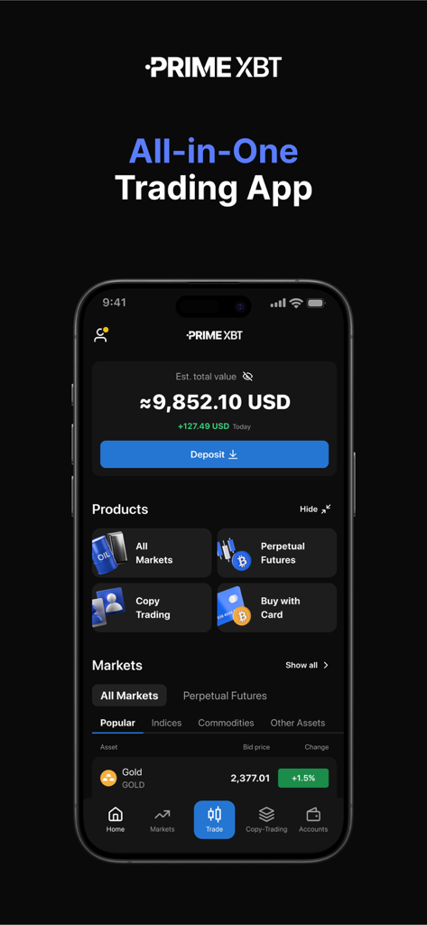 PrimeXBT: Trading & Investing - PrimeXBT mobile app dashboard showing portfolio balance and market assets.