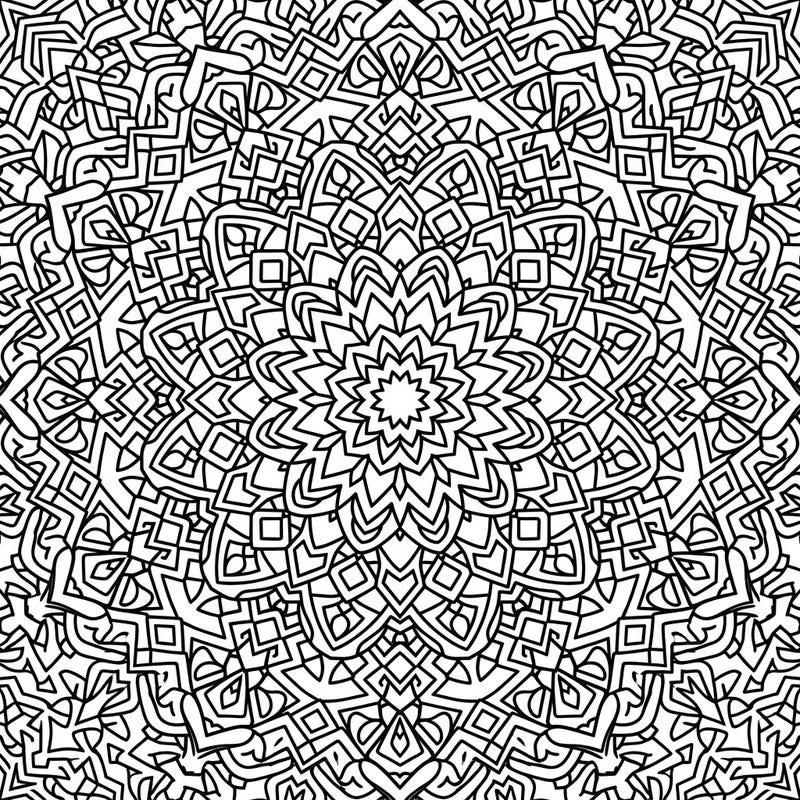 This stunning fractal geometric mandala coloring page features a mesmerizing array of self-similar patterns and intricate details. Perfect for adults and teens, it offers a relaxing and creative escape into the world of geometric art.