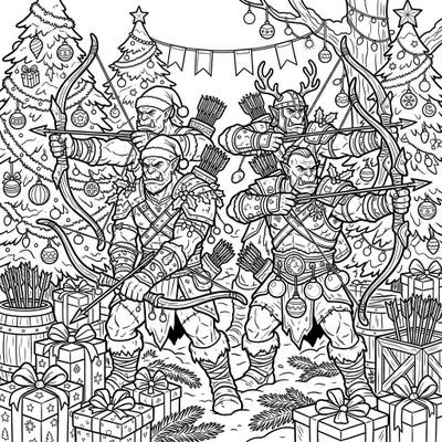 Prepare for an extraordinary holiday journey with our Christmas Orc Archers coloring page. This intricate design masterfully blends the rugged world of fantasy warriors with the joyful spirit of the festive season.