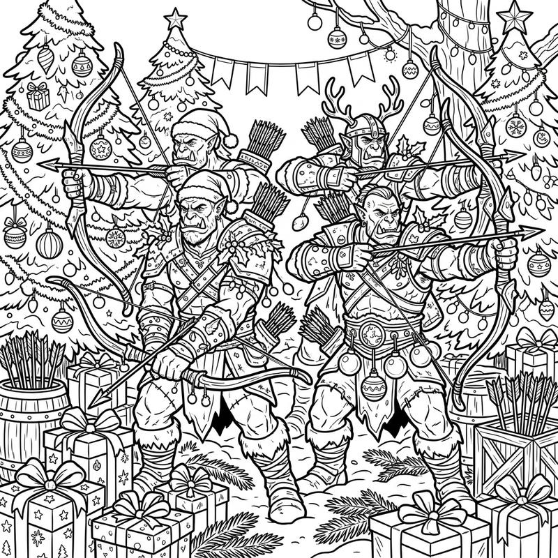 Prepare for an extraordinary holiday journey with our Christmas Orc Archers coloring page. This intricate design masterfully blends the rugged world of fantasy warriors with the joyful spirit of the festive season.