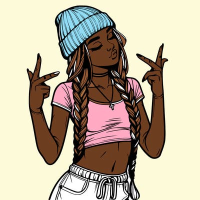 realistic teenage girl with braids and a beanie and crop top doing 🫶🏼