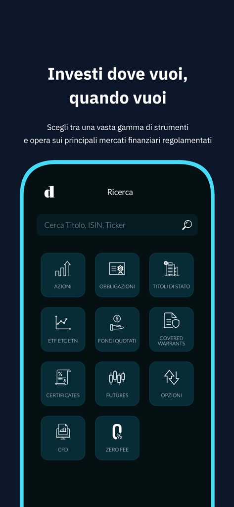 Schermata di ricerca dell'app Directa con icone per azioni, obbligazioni e altri strumenti finanziari