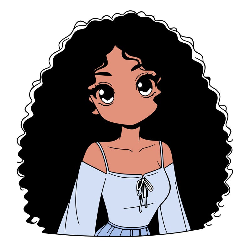 a black anime girl with long afro hair