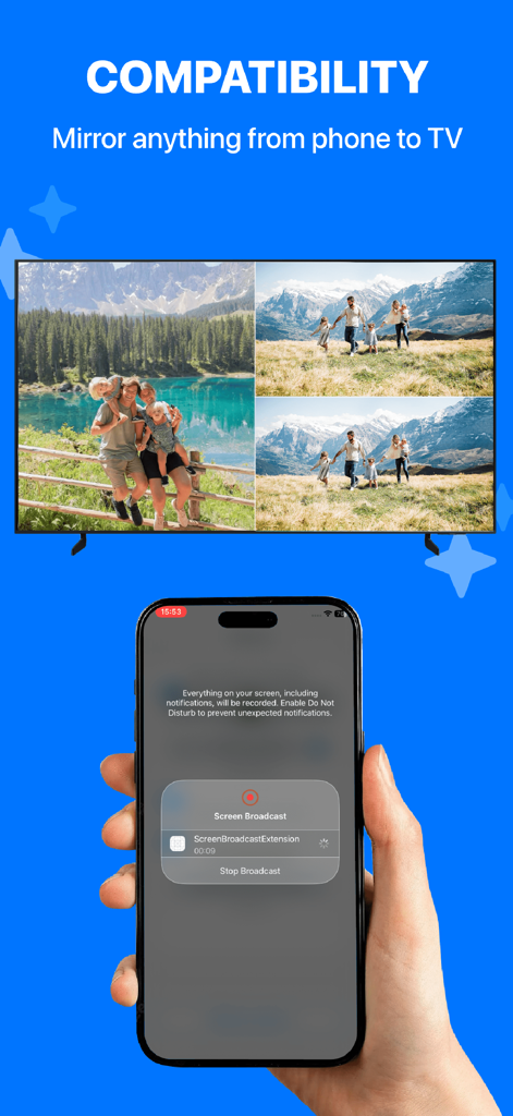 MultiCast - Cast to TV - A smart TV displaying a split-screen photo collage mirroring from an iPhone using the MultiCast app