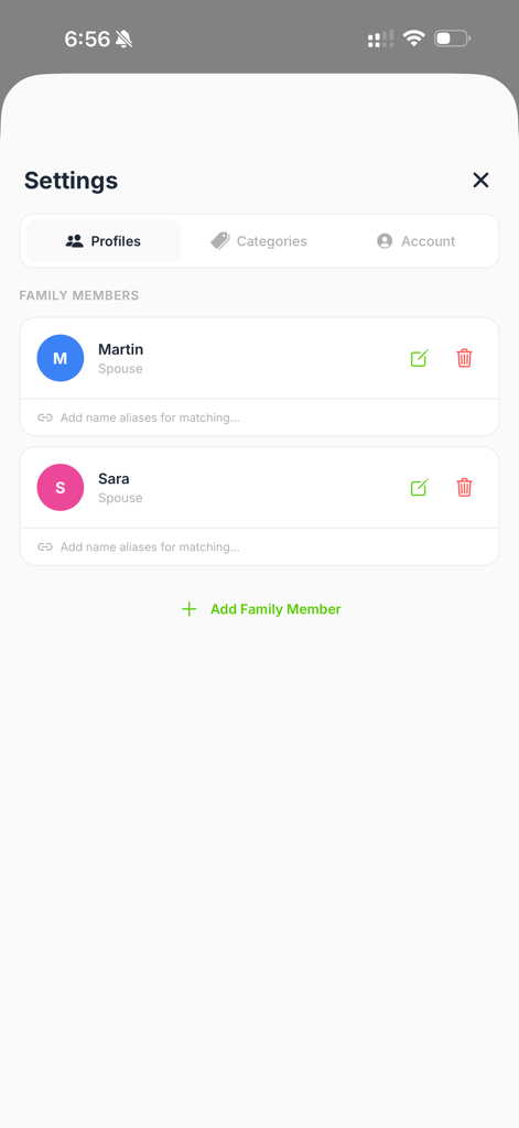 MyIDs app settings screen showing family member profiles management