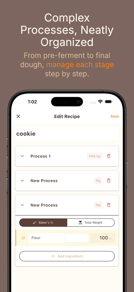 Bake Master: Baking Calculator - Bake Master App-Oberfläche, die die Verwaltung von mehrstufigen Rezepten und die Berechnung von Bäckerprozenten für professionelles Backen zeigt