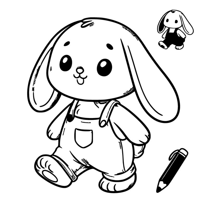 purple bunny on two legs with pink overalls