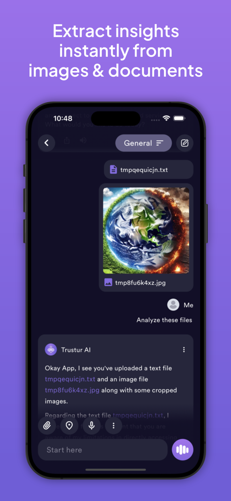 Trustur AI mobile app interface showing the analysis of uploaded documents and images in a chat conversation.