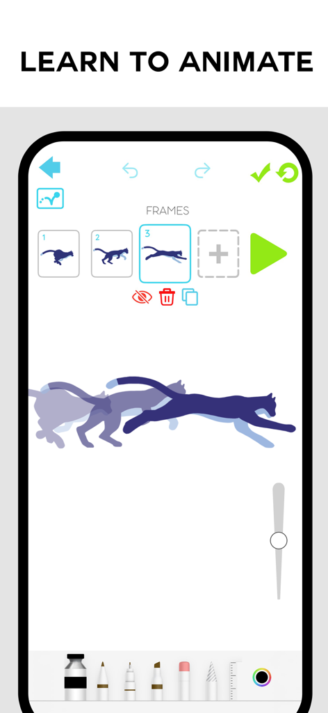 DrawingVibe: Learn how to draw - Smartphone screen showing the DrawingVibe app learn to animate feature with frame-by-step drawing of a cat jumping