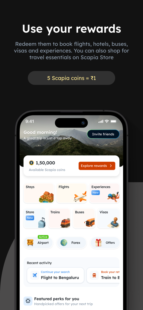 Scapia: A card for travellers - Scapia app dashboard showing reward points and travel booking options like flights and hotels
